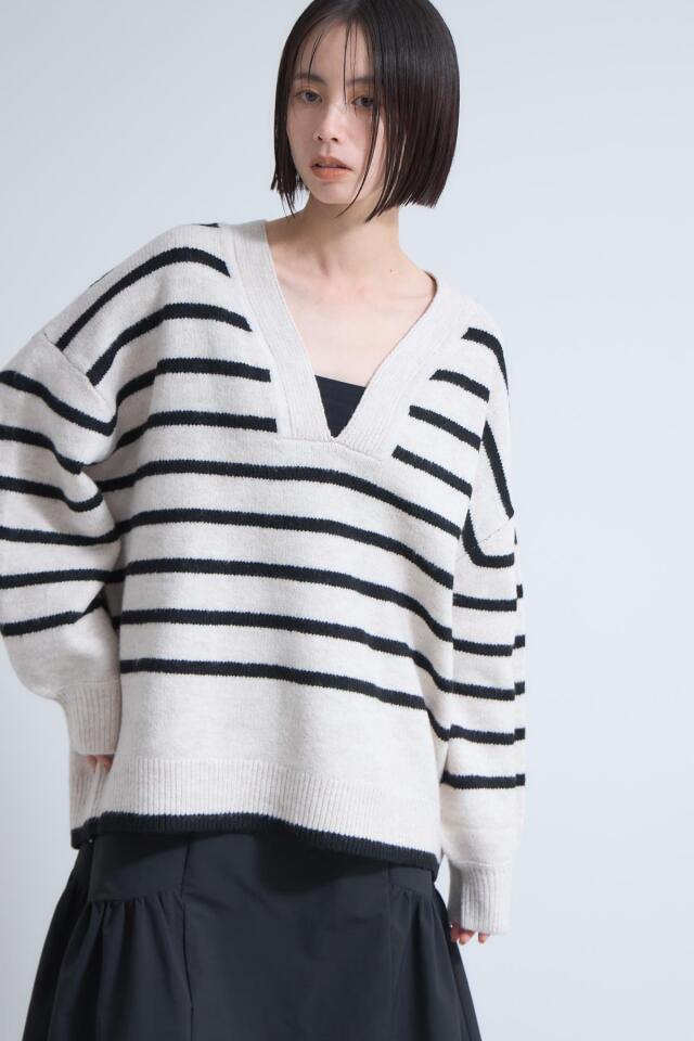 天竺深Vネックボーダーニット※一部店舗のみ入荷