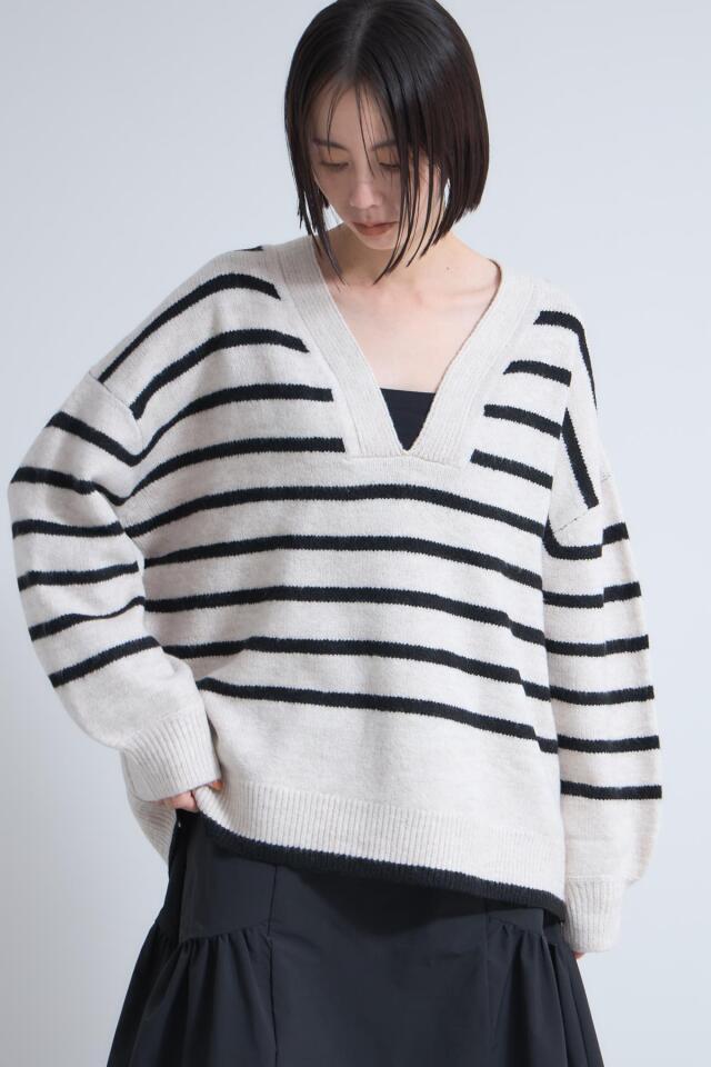 45rpm ニット セーター / 立体 花モチーフ ボーダー 配色 ビンテージ 天竺深Vネックボーダーニット※一部店舗のみ入荷