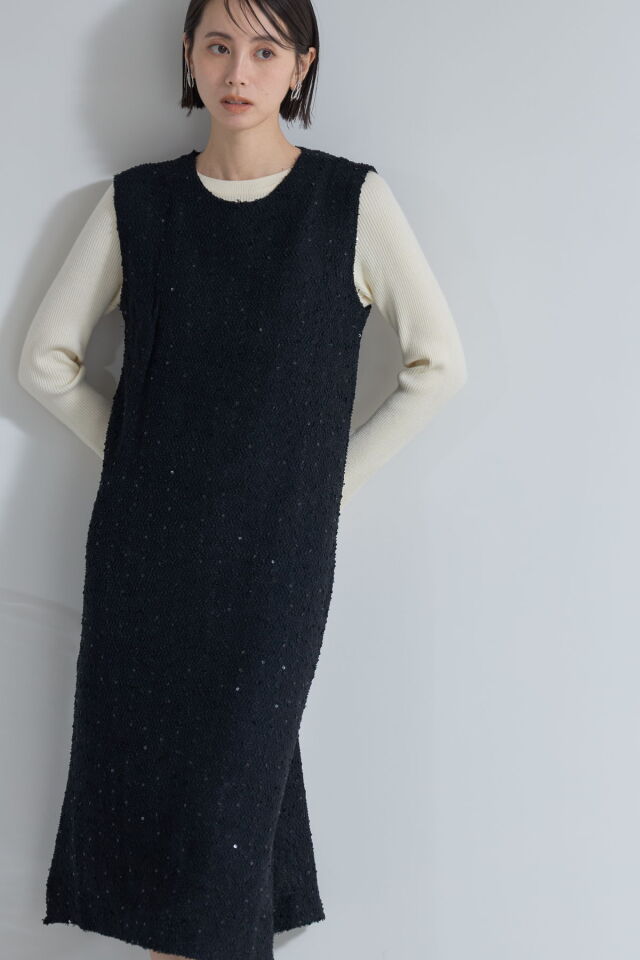 美品 45R コットンツイードのドレス ノースリーブ ワンピース 日本製 45R（フォーティファイブアール）の「コットンツイードのAドレス