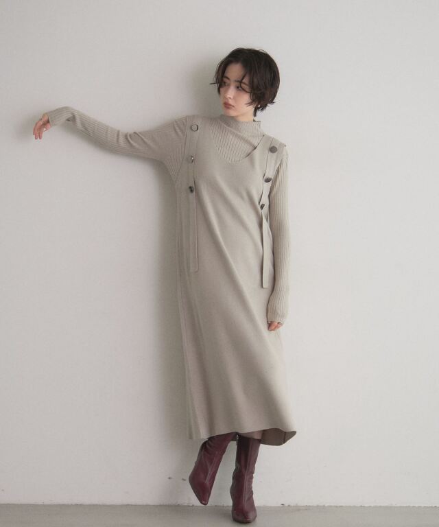ハイネックニット×ジャンスカレイヤードワンピース