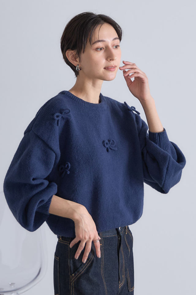 美品✨エンフォルド キャッシュタッチ ニットプルオーバー バイカラー 濃紺ブルー ウールタッチリボンニットプルオーバー※一部店舗のみ入荷