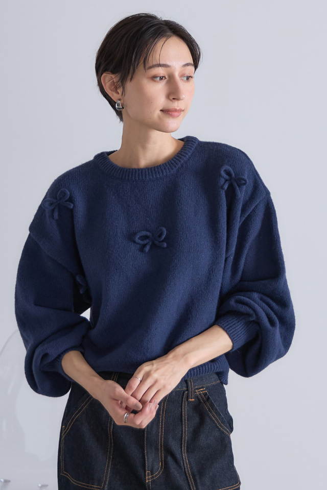 【美品・稀少】マークアンドロナ フェルト パッチ ロゴ リボン ニット ネイビー ウールタッチリボンニットプルオーバー※一部店舗のみ入荷