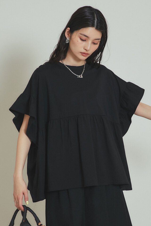 袖フリルギャザーフレア天竺Tシャツ※一部店舗のみ入荷