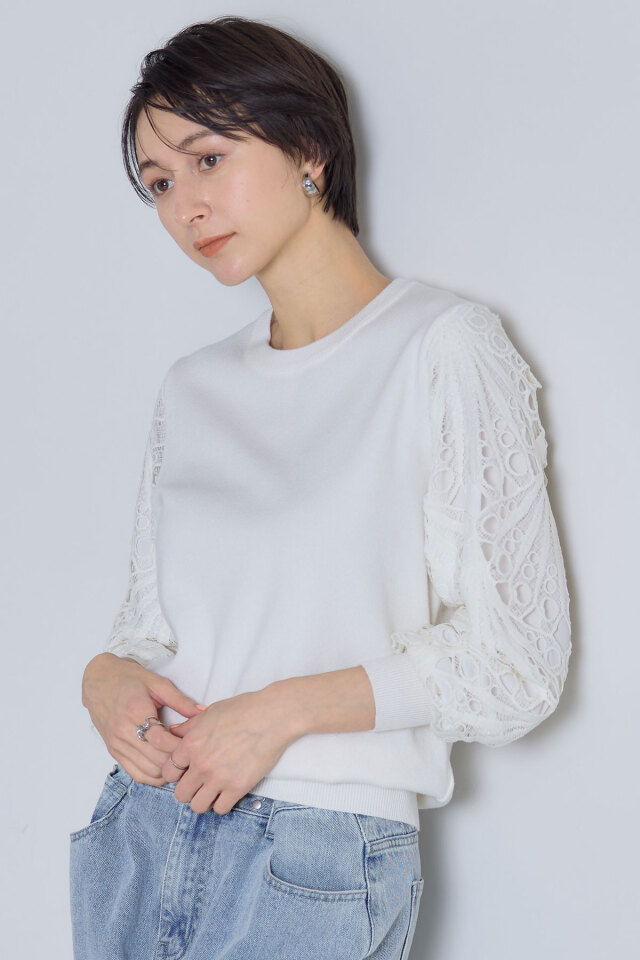 袖レースニット