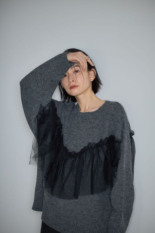 SALE セール 40%OFF nachukara ナチュカラ 後ろリボンウールニットプルオーバーベスト メール便対応  日本製 ブルー アルパカタッチチュールドッキングニットプルオーバー※一部店舗