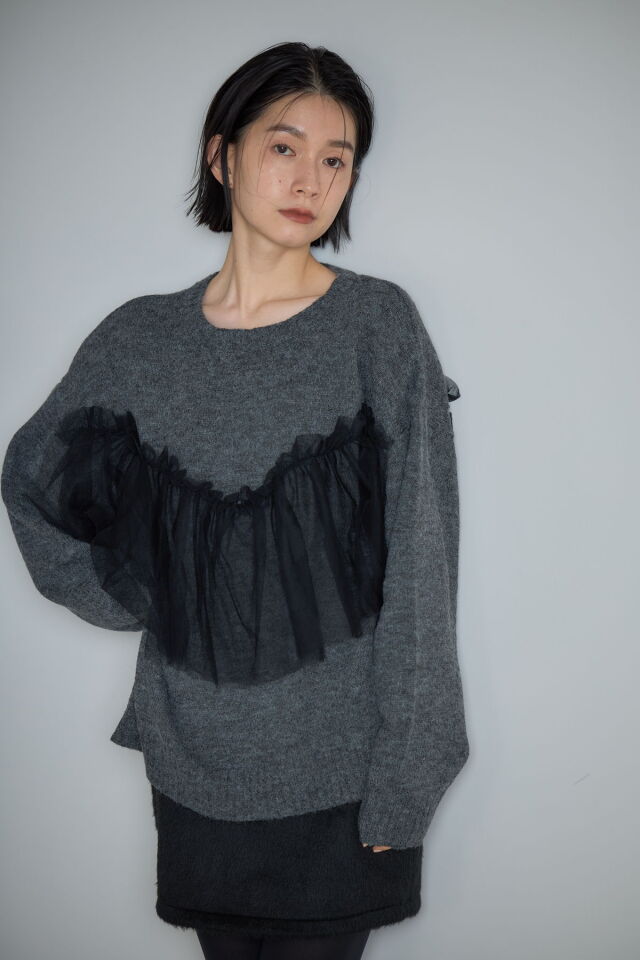 【極美品】ANAYI チュールレイヤードパフプルオーバー ブラック 38 アルパカタッチチュールドッキングニットプルオーバー※一部店舗のみ入荷
