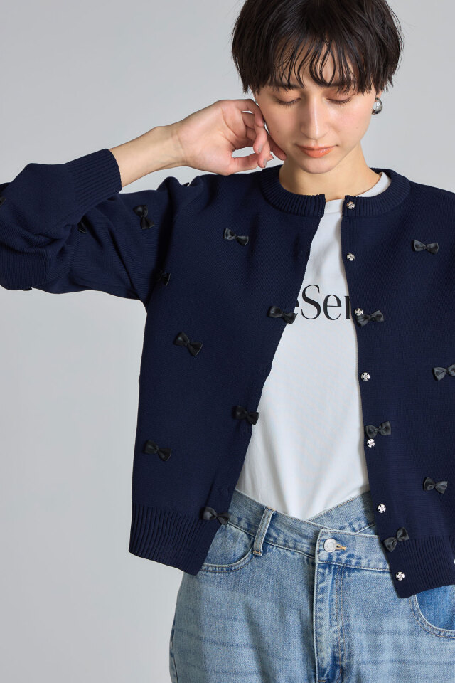 スポンジニットリボンカーディガン