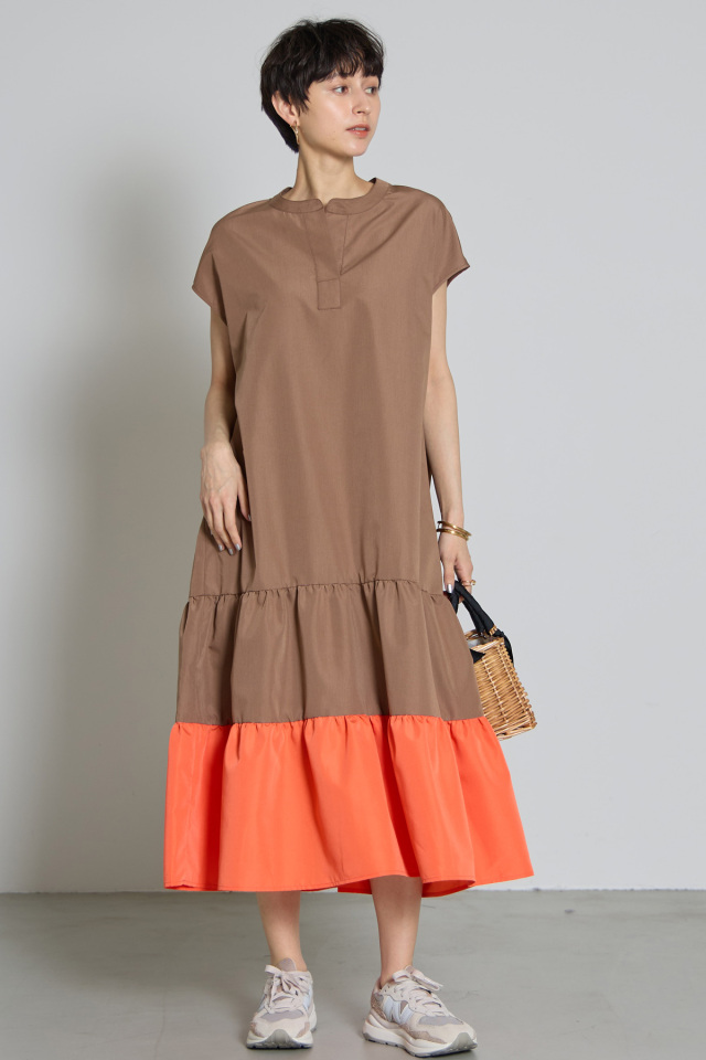 ギャザー配色ワンピース