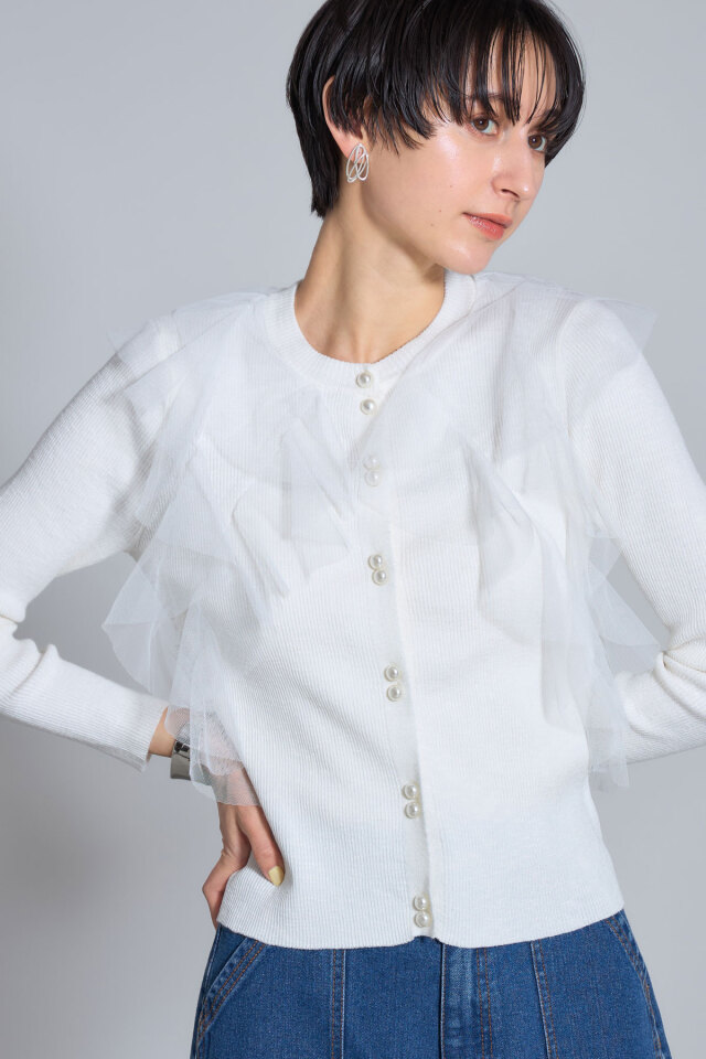 ６月18日オフィシャルサイト限定少量再販！パールチュールニットカーディガン※一部店舗のみ入荷＊少量の在庫確保による再販売の為、返品/交換は出来かねる場合がございます。予めご了承ください。＊