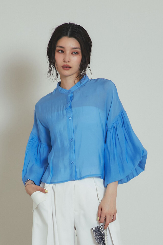 me ISSEY MIYAKE◆D2/フリルシャツブラウス/長袖シャツ/--/ポリエステル/GRY/総柄/MI33FJ551 me ISSEY MIYAKE◇D2/フリルシャツブラウス/長袖シャツ