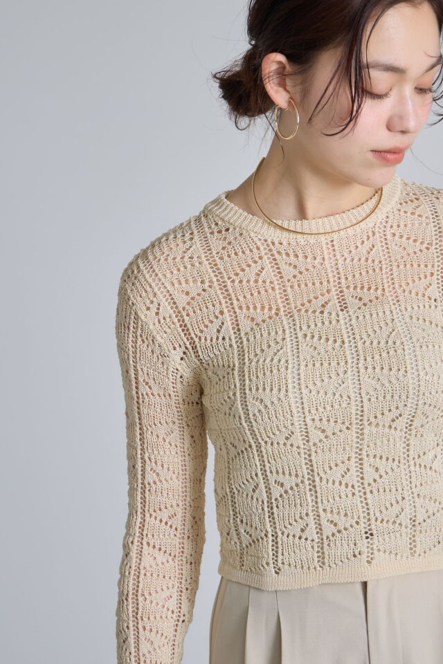 IENA LA BOUCLE リネンコットン透かし編みパフスリーブプルオーバー IENA LA BOUCLE リネンコットン透かし編みパフスリーブプル