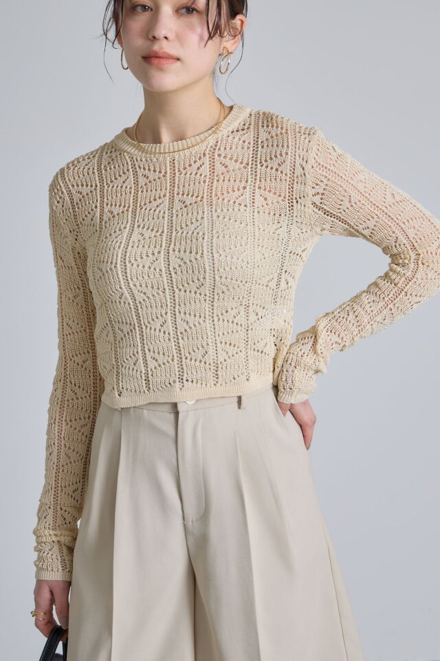 美品45R リネン100% レース 透かし編み プルオーバーカットソー Tシャツ 美品45R リネン100% レース 透かし編み プルオーバーカットソー T