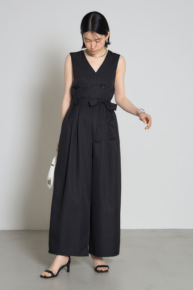 rienda  ピンストライプオールインワン STYLEMIXER ピンストライプオールインワン BLK -ファッション