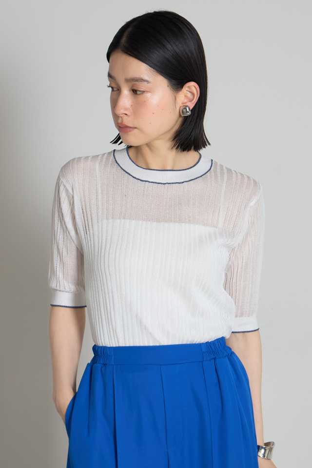 配色ラインリブニットプルオーバー