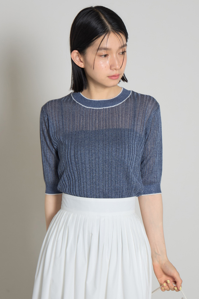 配色ラインリブニットプルオーバー