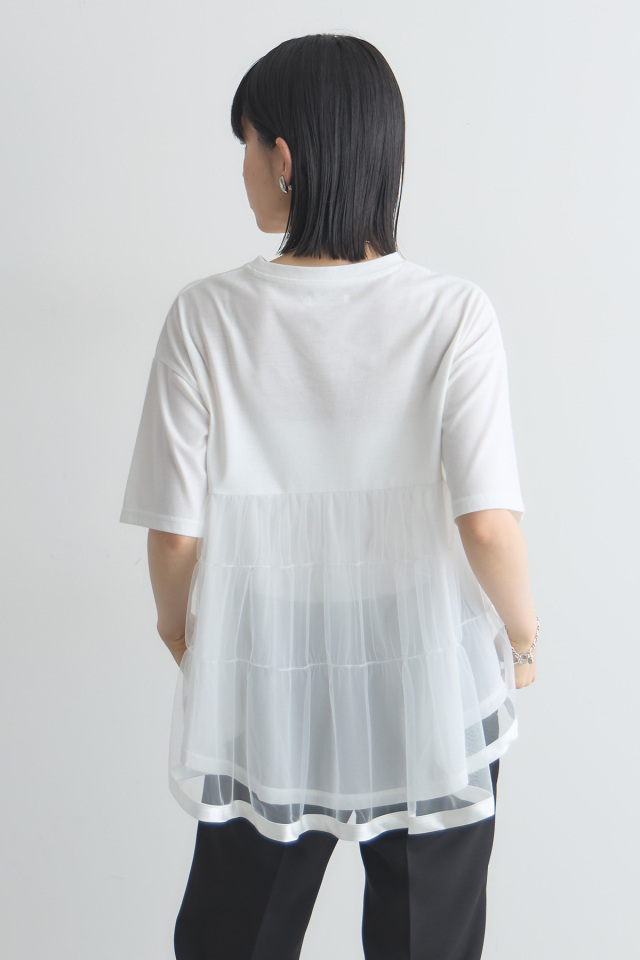 ♥新作♥【新品】スーパービューティーバックスタイルチュール切替ロングＴシャツ44 バックチュールTシャツ