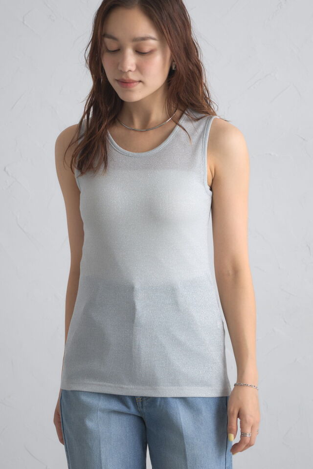 JUSGLITTY　キラキラフェザーブラウス　タンクトップ　ラメ ラメリブタンクトップ※一部店舗のみ入荷