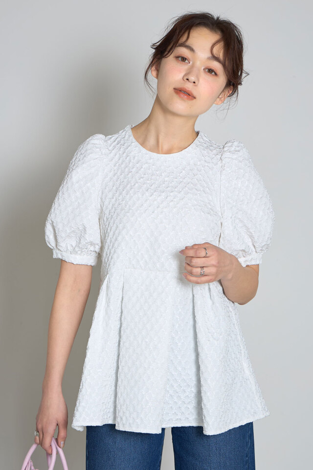 ふくれジャガード配色カラーブラウス（半袖）