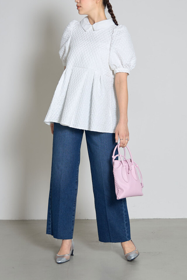 ふくれジャガード配色カラーブラウス（半袖）