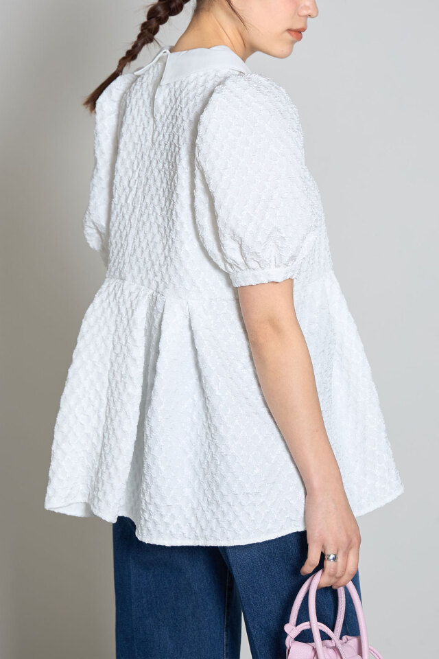 ふくれジャガード配色カラーブラウス（半袖）