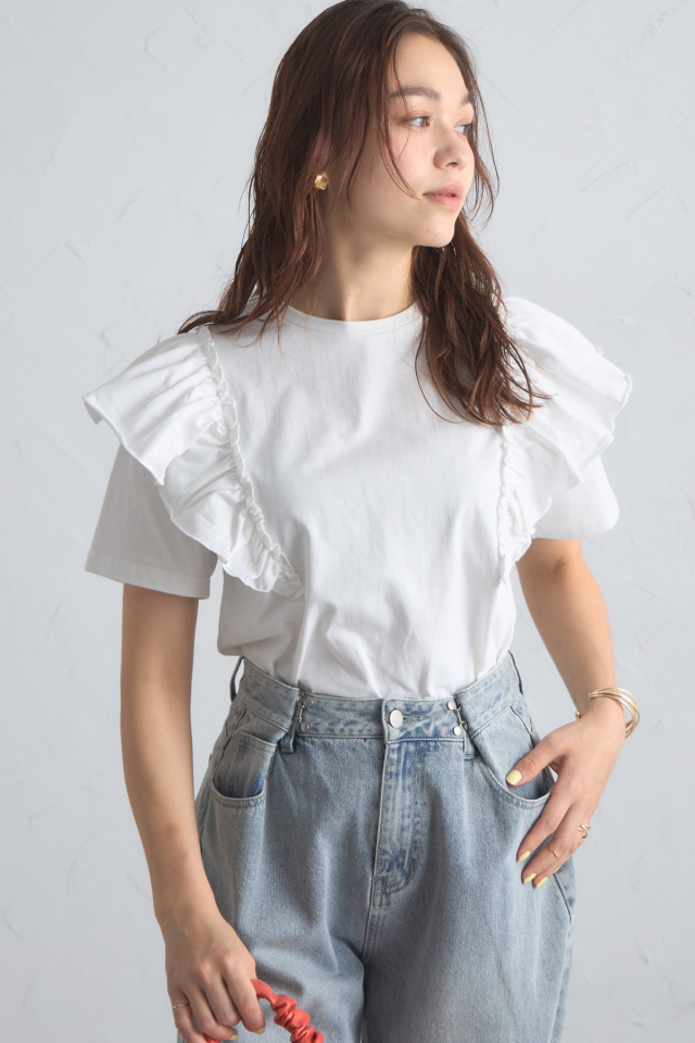 グレー目ん玉 袖フリルTシャツ※一部店舗のみ入荷