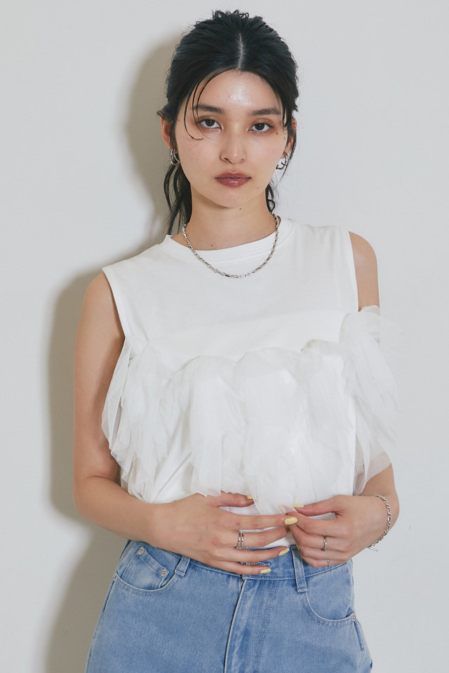 ホワイト チュール トップス WEB限定】チュールフリルドッキングカットソー