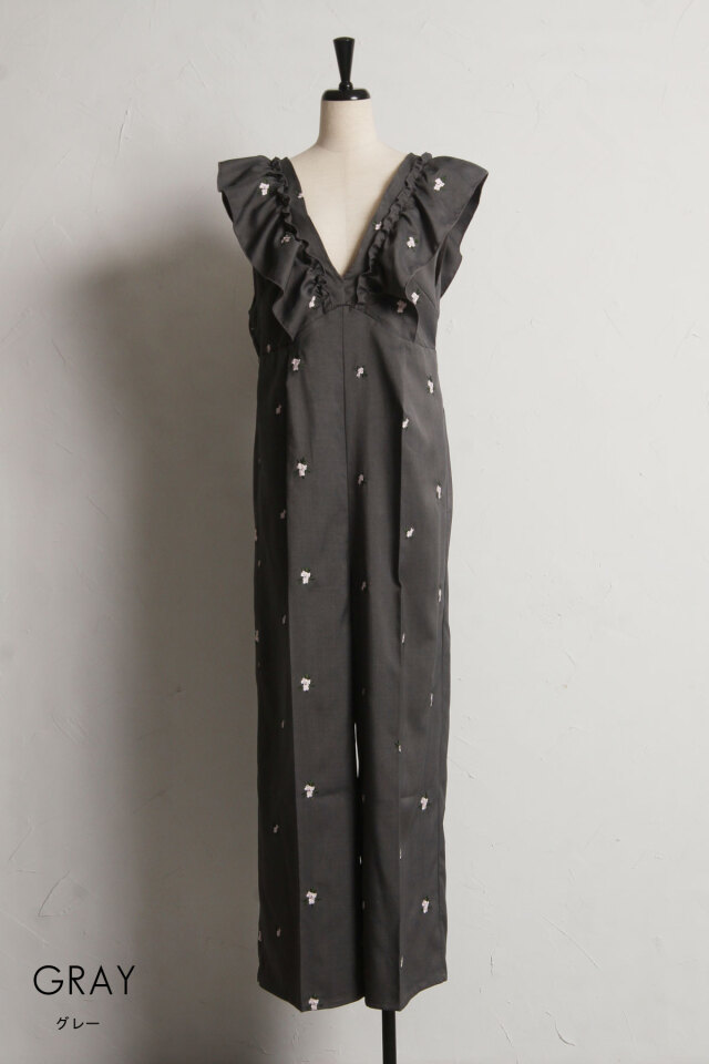 ホォルッア08 フラワー刺繍肩フリルオーバーオール※一部店舗のみ入荷