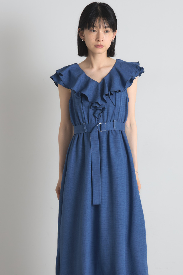 デニムライク肩フリルワンピース