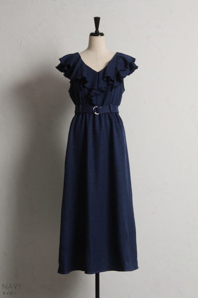 【美品】45R 小麦デニムのレフアドレス ストライプ フリル ロングワンピース 美品♡45R 小麦デニムのレフアドレス ロング ワンピース フリル