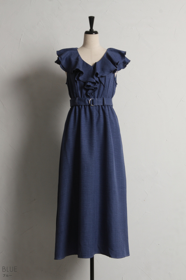 デニムライク肩フリルワンピース