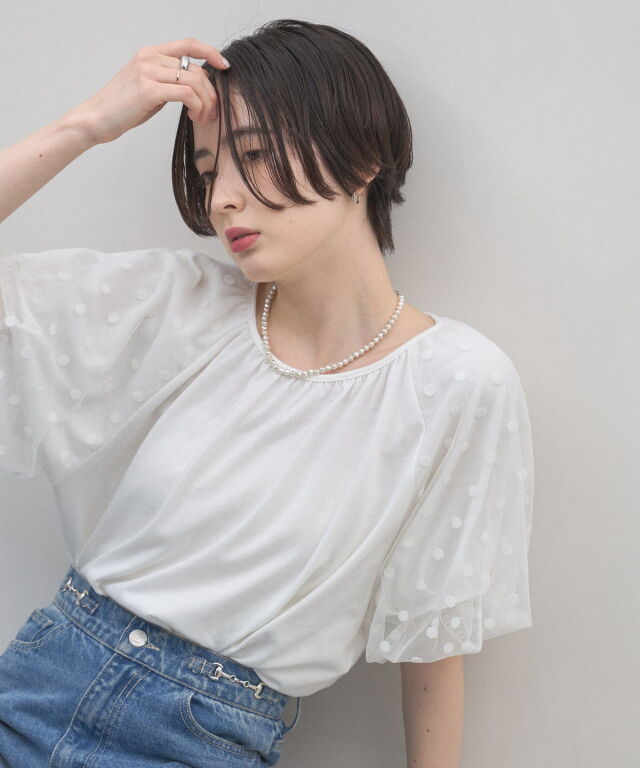 ドットチュールバルーンスリーブブラウス