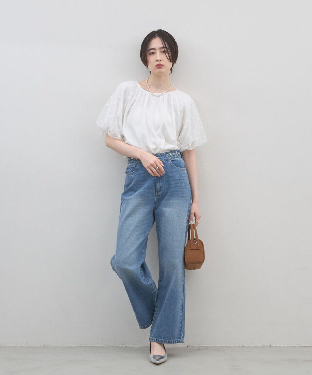 ドットチュールバルーンスリーブブラウス