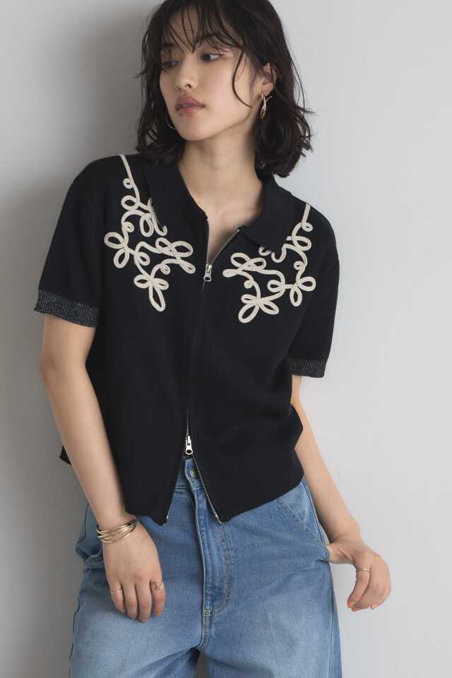 ビンテージ 80s ゴールド 刺繍 ビーズ 黒 カーディガン ニット 希少 美品 80～90s LADIES FASHION フラワー刺繍デザイン ウールニット