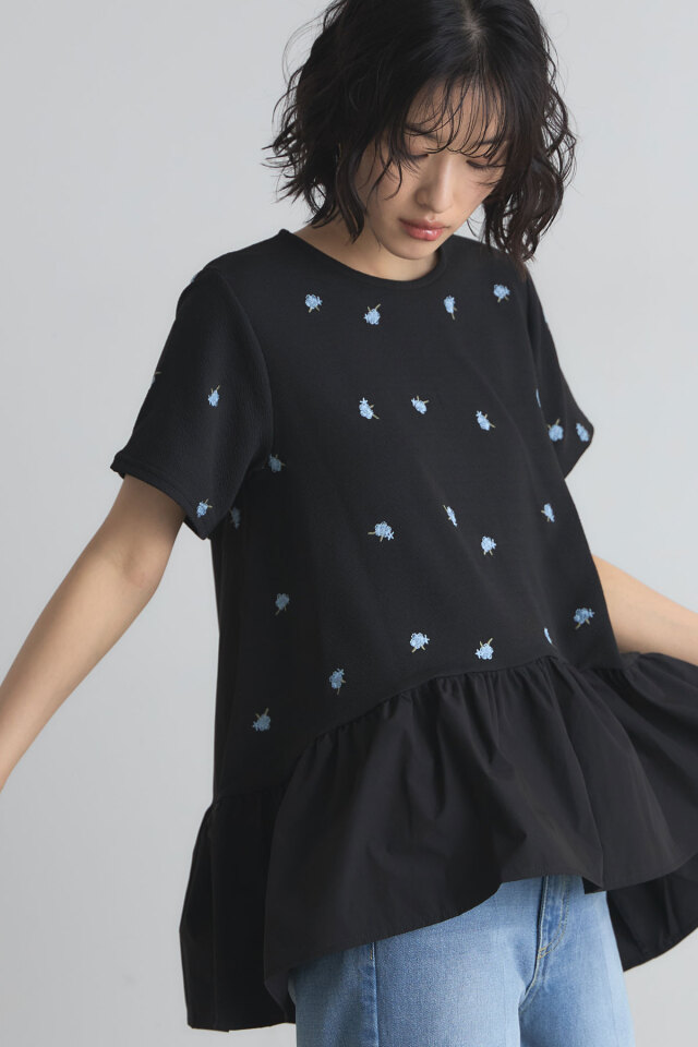 ビンテージ　アイボリー フラワー刺繍 五分袖チュニック インド綿 綿麻 刺繍 チュニック ブラウス 7分袖 トップス