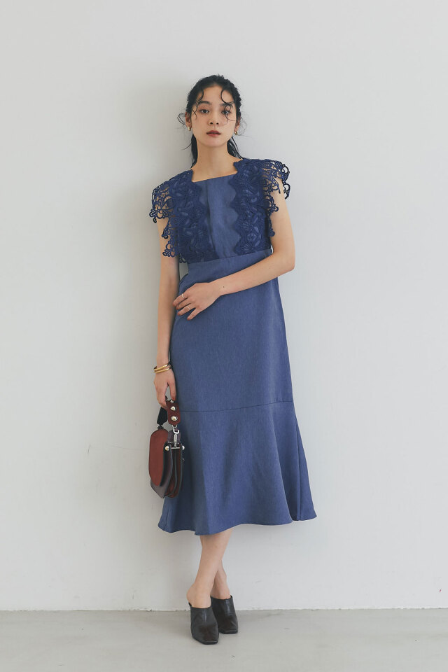 モチーフレースデニムライクマーメイドワンピース