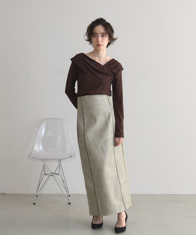 bluelea レザーパイピングチェックスカート オフィシャルサイト限定】フェイクレザーパイピングナロースカート