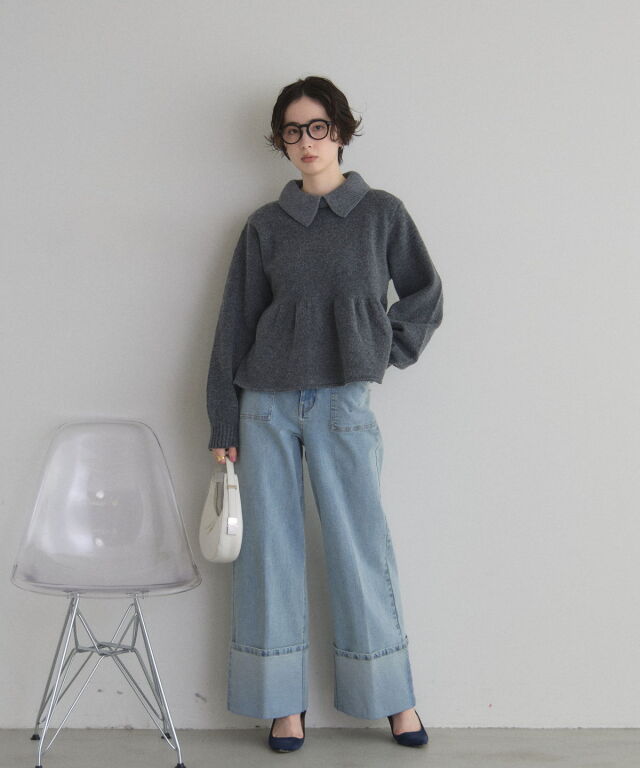 WEB限定】襟付きペプラムニットトップス