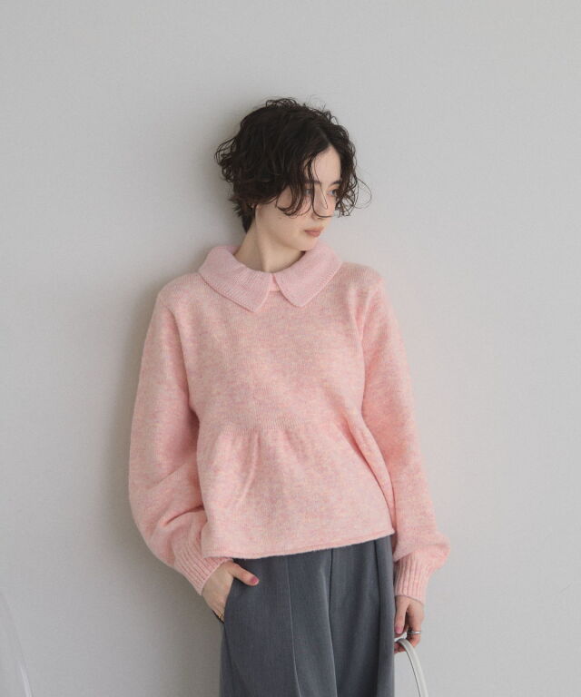eimy ニット トップス フレアーリボンスリーブペプラムニット ピンク KOBE LETTUCE（神戸レタス） ペプラムトップス 長袖 ペプラムニット