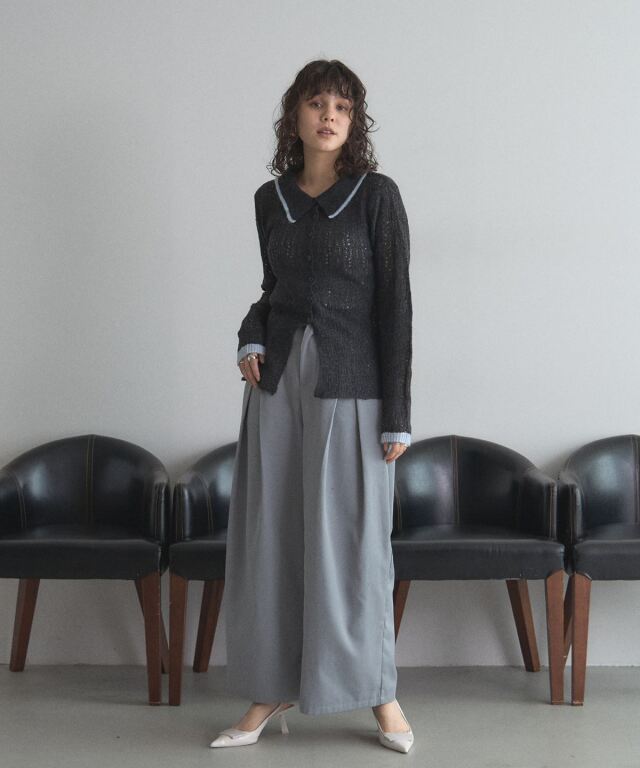 WEB限定】襟付き配色シアーニットカーデ