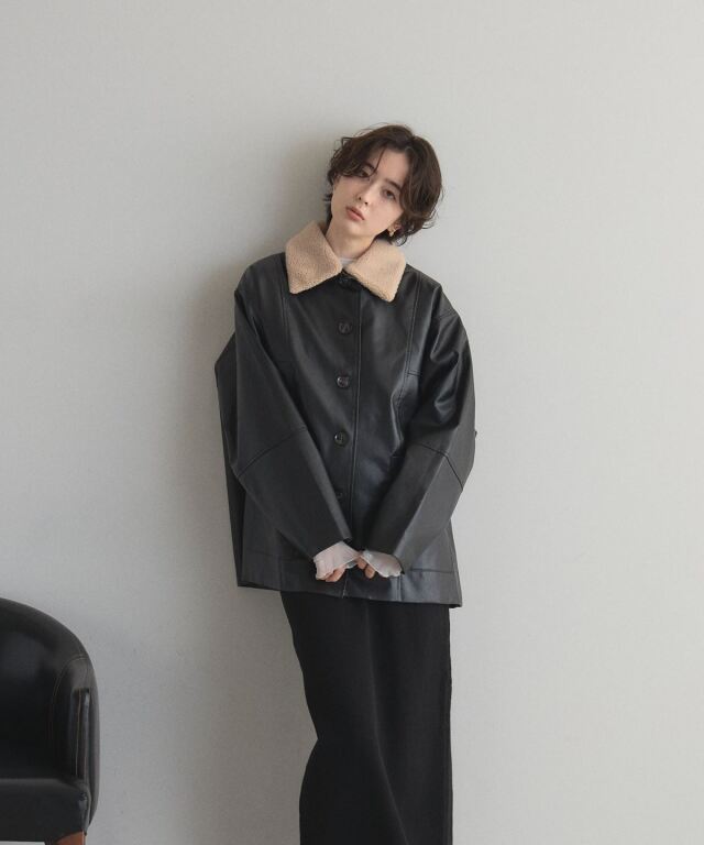 WEB限定】ボア襟フェイクレザーカバーオール