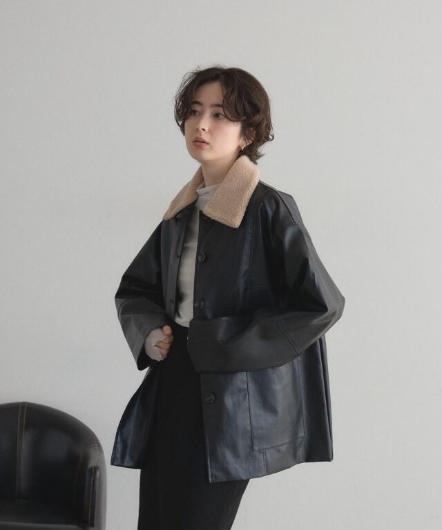 90s Noatak vintageウール　カバーオール レザー襟　Lサイズ WEB限定】ボア襟フェイクレザーカバーオール