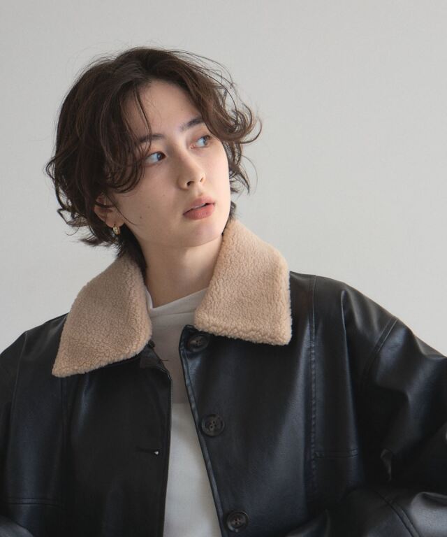 WEB限定】ボア襟フェイクレザーカバーオール