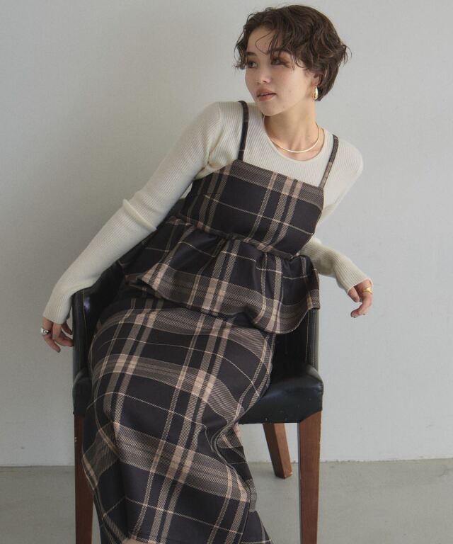 【オフィシャルサイト限定】アソートチェックウエストフリル起毛ストレッチキャミワンピース