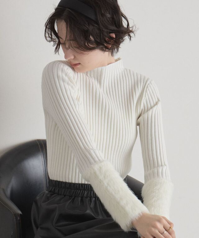 WEB限定】袖ファーリブニットトップス