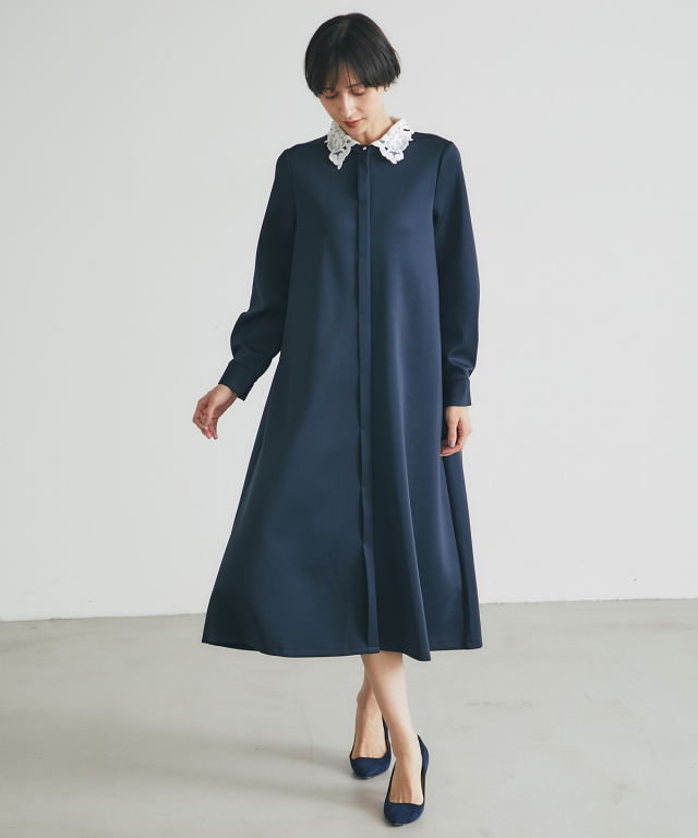 SNIDEL ネイビー レース襟 ワンピース オフィシャルサイト限定】取り外し可能レース襟付きワンピース