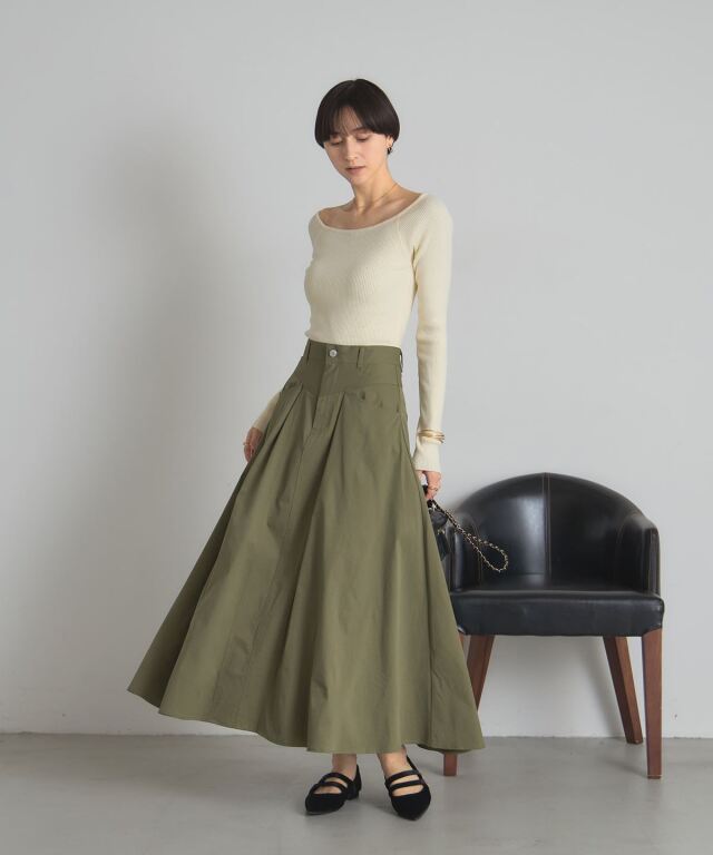 【タグ付き新品 ビアズリー】タックフレアスカート　カーキ HUG.U（ハグユー） スカート ロング フレア レディース タック フレア