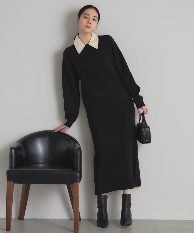 WEB限定】襟付き配色ポロニットワンピース