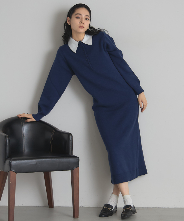 WEB限定】襟付き配色ポロニットワンピース