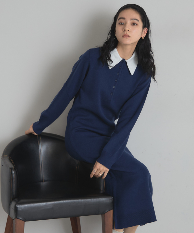 ☆【TAYLOR MADE】★ネイビー ★襟ポロデザイン☆ワンピースドレス WEB限定】襟付き配色ポロニットワンピース