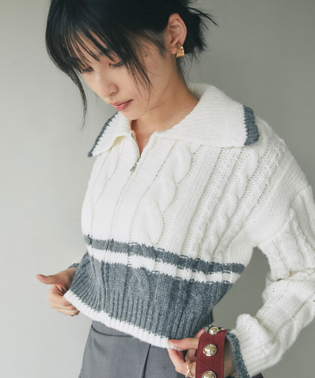 ニット 最終記載11/29 配色ケーブルZIPニット